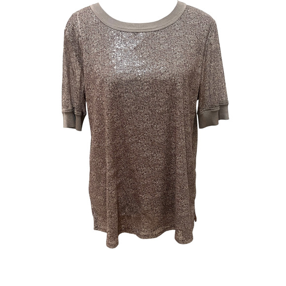 Lafayette 148 New York Taupe Micro Sequins Short Sleeve Top Rib Trim SZ Large - Picture 1 of 10